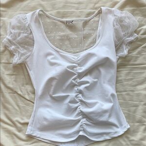 Free People White Ruched Blouse with Sheer Sleeves